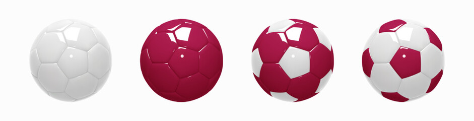 Set of soccer balls in classic shape. Football balls glossy figurines realistic 3d design style. White, maroon and combination. Mockup of sports elements isolated on white. 3d vector
