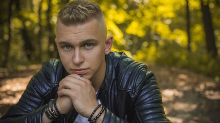 Fototapeta premium Young stylish Nordic blonde guy, portrait of modern youth. Confident boy with stylish clothes and accessories