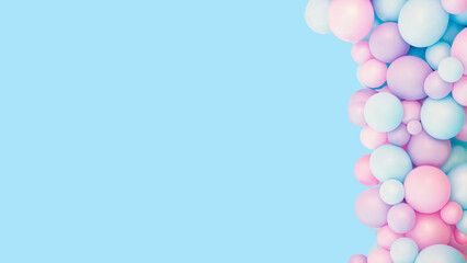 Colorful balloons background, punchy pastel colored and soft focus. pink and mint balloons photo wall birthday decoration. Copy space. Web banner. Wedding party.