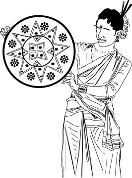 Assamese folk dance stock image vector, assamese dance sketch drawing, assamese bihu dance line art vector illustration, Assamese New Year dance festival