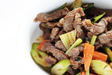 Beef and celery stir fried with carrot for Chinese food image 