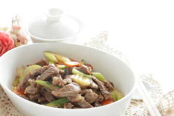 Beef and celery stir fried and tea for Chinese food image 
