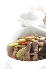 Beef and celery stir fried and tea for Chinese food image 