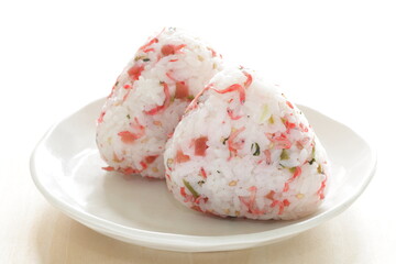 Japanese food, dried plum and small fishes mixed rice ball