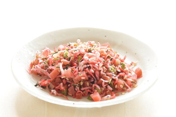 Japanese food, dried plum and small fishes mixed for topping ingredient Furikake