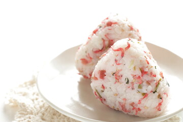 Japanese food, dried plum and small fishes mixed rice ball