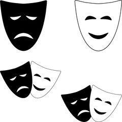 Theatrical masks of Comedy and tragedy. Black and white vector isolated symbols of the theater.
