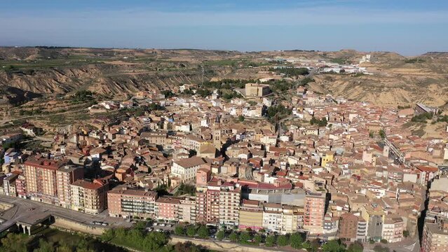 Aerial townscape of Fraga, comarca of Bajo Cinca, province of Huesca, Aragon, Spain.