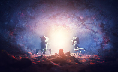 Fototapeta premium Astronaut and AI robot explore alien planet.