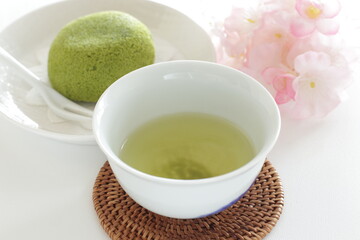Japanese confectionery, green tea cake on white dish