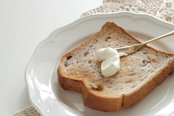 Toasted walnut bread on white dish with copy space