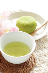 Japanese confectionery, green tea cake on white dish
