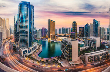 Dubai marina skyline in UAE at sunset - obrazy, fototapety, plakaty