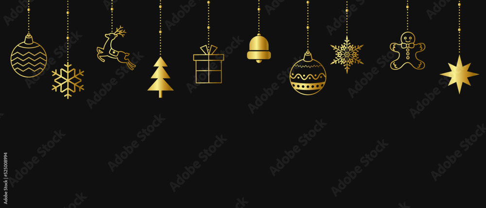 Wall mural Luxury vector illustration background of gold Christmas ornaments on black background.