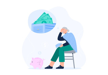 Money shortage concept. Bankruptcy, poverty in old age, debt, and economic crisis. An sad old woman thinks about money and pension fund. Vector flat illustration isolated on the white background.