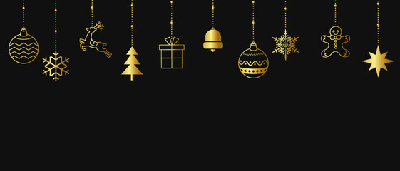 Fototapeta na wymiar Luxury vector illustration background of gold Christmas ornaments on black background.
