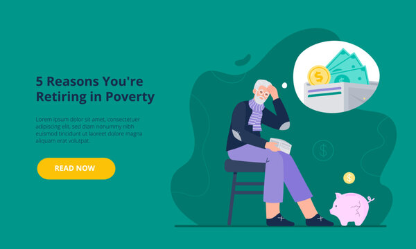 Money shortage concept. Bankruptcy, poverty in old age, debt, and economic crisis. An sad old man thinks about money and pension fund. Vector flat illustration for banner and landing page.