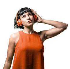 Portrait of a young adult woman in red tank top listening to the music with wireless headphones - girl isolated on transparent background - studio shot with copy space