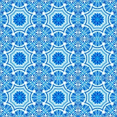 Foto auf Glas Blue white watercolor azulejos tile background. Seamless coastal geometric floral mosaic effect. Ornamental arabesque all over summer fashion damask repeat © Nautical