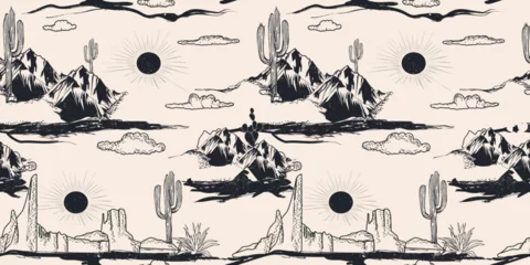 Keuken achterwand Landschap patronen Desert, Outdoors, Adventure, Vector Pattern, Black and white, Western cartoon desert landscape seamless pattern with cactuses, herbs, sand dunes and stones. Detailed colored  background. Black white ,  © sumonsharif