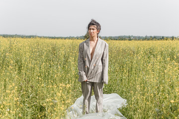 An Asian model poses in a field of yellow flowers for a clothing brand, polyethylene is the main...