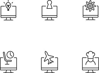 Modern monochrome symbols for web sites, apps, articles, stores, adverts. Editable strokes. Vector icon set with icon of lamp, keyhole, flower, seat, plane, chef on computer monitor