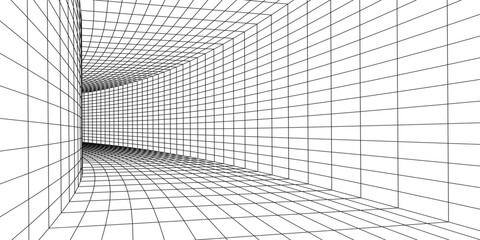 3D wireframe room white on blue background. Abstract perspective grid. Vector illustration.