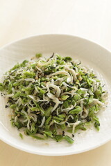 Japanese food, dried small fish and green leaves vegetable for rice topping Furikake