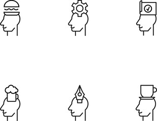 Modern monochrome symbols for web sites, apps, articles, stores, adverts. Editable strokes. Vector icon set with icon of burger, gear, checkmark, bear, pen, cup over head