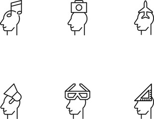 Modern monochrome symbols for web sites, apps, articles, stores, adverts. Editable strokes. Vector icon set with icon of musical note, camera, airplane, megaphone, 3d, glasses, liner over head