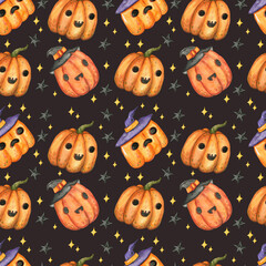 Watercolor pattern of halloween theme. Hand-drawn illustration isolated on the black background. Pumpkin.