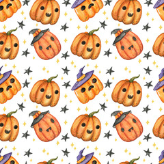 Obraz premium Watercolor pattern of halloween theme. Hand-drawn illustration isolated on the white background. Pumpkin
