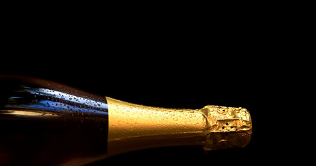 Studio shot of chilled bottle of champagne