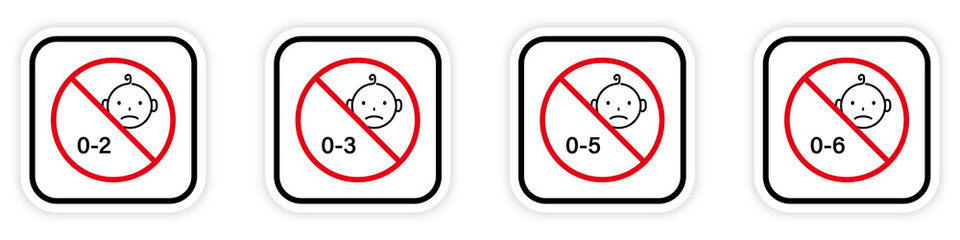 Forbidden Child Under Age Pictogram. Danger Kid Game Stop Symbol. Toy Not Suitable for Kid Black Silhouette Icon Set. No Allowed Baby Sign. Prohibited 2 3 4 5 Year. Isolated Vector Illustration