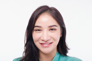 Beautiful woman Asia before and after acne treatment No makeup, close up. Skin care concept White background