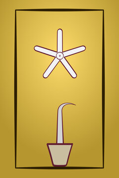 Seba star and incense burner, in a rectangle frame. A five pointed star, representing the afterlife, as depicted in the pillard chamber in Thutmose III tomb, Valley of the Kings. Colored illustration.