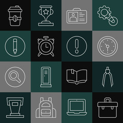 Set line Briefcase, Drawing compass, Clock, Identification badge, Alarm clock, Pencil, Coffee cup to go and Speech bubble and Exclamation icon. Vector