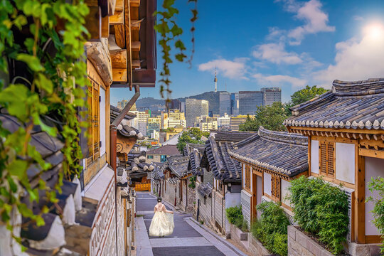 Bukchon Hanok Village with Seoul city skyline, cityscape of South Korea