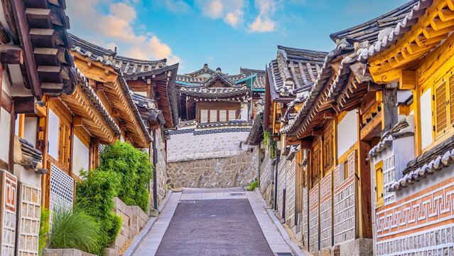 Bukchon Hanok Village with Seoul city skyline, cityscape of South Korea