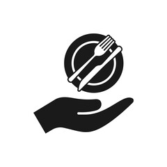 Fork, knife and plate on hand. Eat icon flat style isolated on white background. Vector illustration