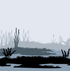 Fog in swamp. Thickets of reeds. Swamp landscape. View of the river bank. Silhouette picture. Vector.