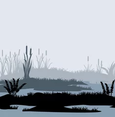 Foto op Plexiglas Fog in swamp. Thickets of reeds. Swamp landscape. View of the river bank. Silhouette picture. Vector. © Ирина Мордвинкина