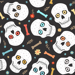 Fototapeta premium Seamless vector pattern of skulls, bones and flowers. Day of the Dead.