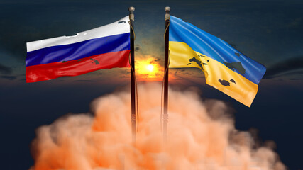 Flags of War (Russo-Ukrainian war) concept. 3D illustration