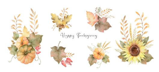Watercolor vector autumn bouquet set with sunflower flowers, pumpkins, leaves and branches.