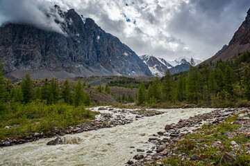 Fototapeta na wymiar River in the valley among the mountains in cloudy weather