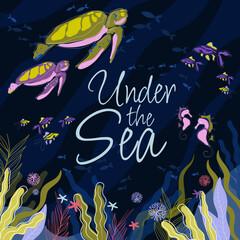 Underwater life at the bottom of the sea or ocean. Exotic underwater world with coral reefs, seaweed and animals, turtles, fish, seahorses. Colored flat cartoon vector illustration.