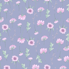 Seamless pattern with cute pink flowers. Hand-drawn chrysanthemums on gray background.