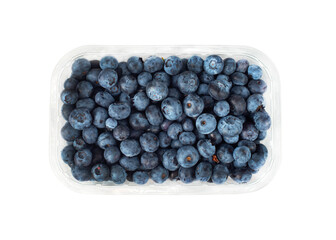 Blueberries in a plastic container isolated on a white background. Top view.