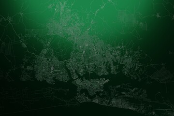 Street map of Abijan (Ivory Coast) engraved on green metal background. Light is coming from top. 3d render, illustration